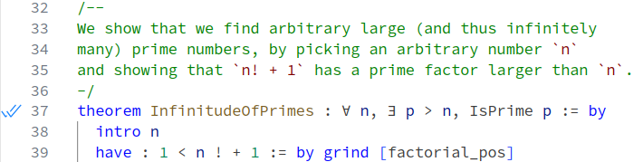 A theorem with double blue check marks appearing in the editor gutter
